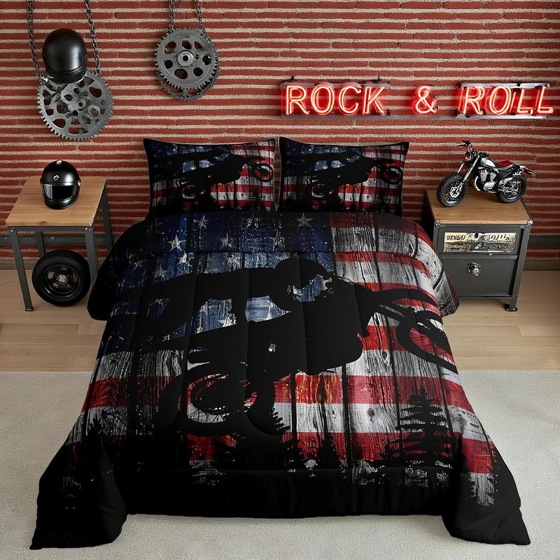 Homewish American Flag Bedding Set Full Size Boys Dirt Bike Racing Motocross Rider Comforter Set Kids Teens Men Rustic Farmhouse Wooden Quilt Set Retro Black Pine Tree Silhouette Duvet Insert 3pcs