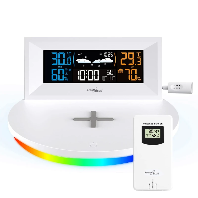 Green Blue GB213 Wireless Weather Station with Wireless Qi Charger Mood Light Base Weather Forecast Calendar Alarm and Snooze External Sensor Indoor and Outdoor Thermometer Color Display