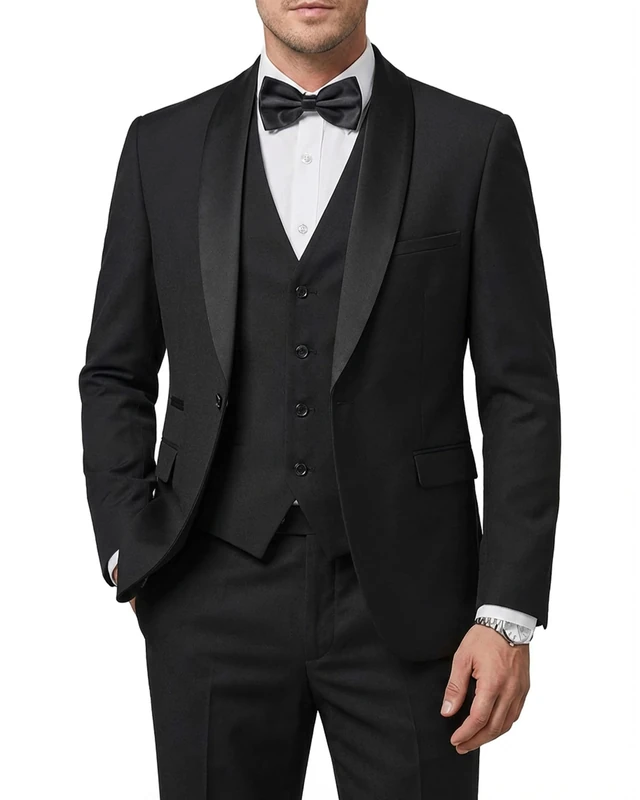 Hihawk Men's 3 Piece Slim Fit Solid Tuxedo with Stretch Fabric, One Button Shawl Collar Jacket Vest Pants with Bow Tie., Black, XXL