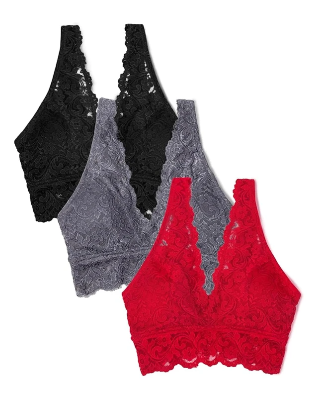 Smart & Sexy Women's Signature Lace Deep V Neck Wireless Support, Bralette Pack Plunge Bra, Semi-Sheer, No No Red/Black/Anthracite-3 Pack, S (Pack of 3)