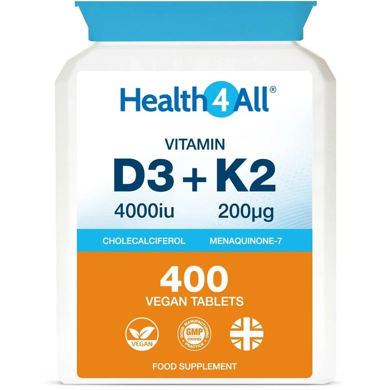 Health4All Vitamin D3 4000IU + K2 MK7 200mcg - 400 Vegan Tablets UK