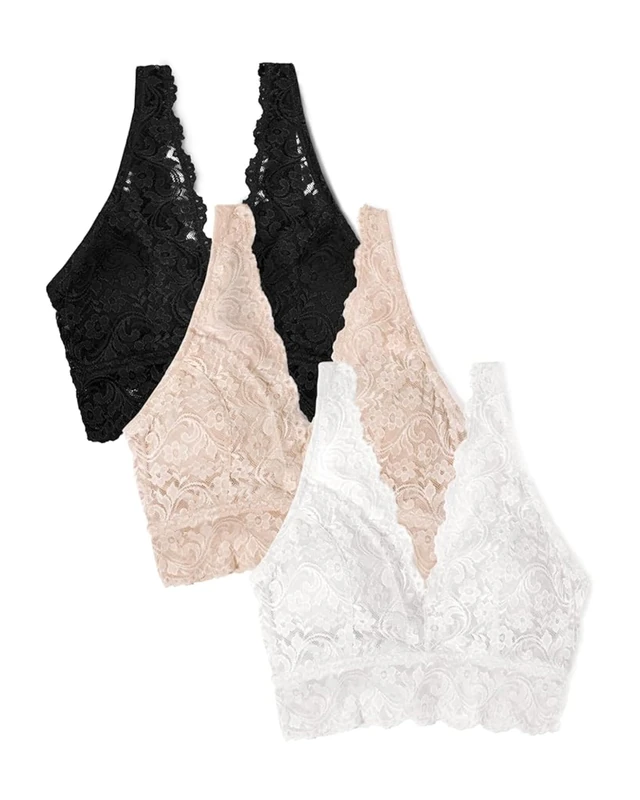 Smart & Sexy Women's Signature Lace Deep V Neck Wireless Support, Bralette Pack Plunge Bra, Semi-Sheer, in The Buff/White/Black-3 Pack, XXL (Pack of 3)