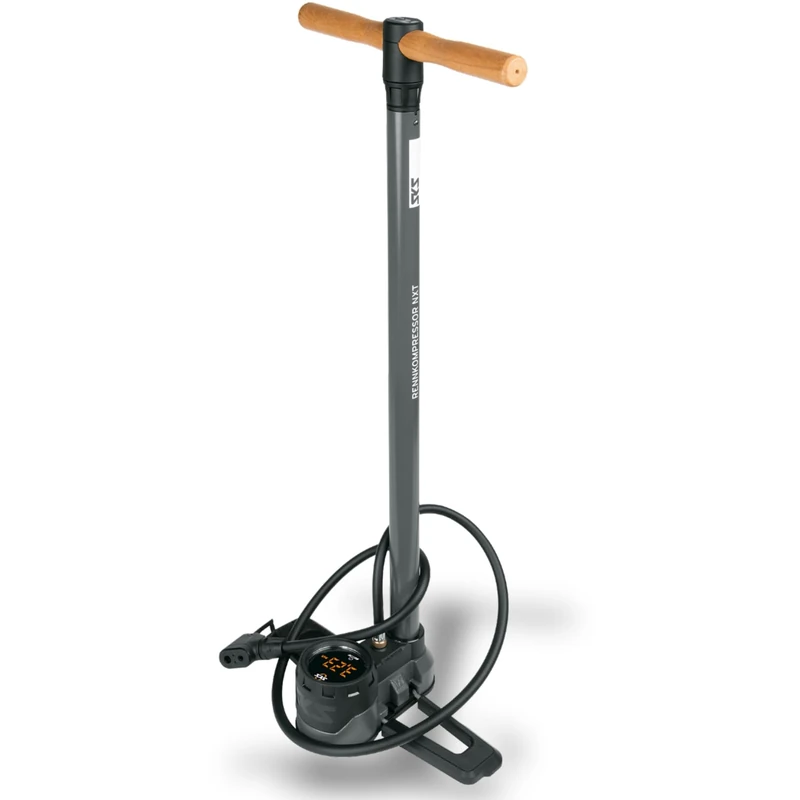 SKS GERMANY RENNKOMPRESSOR NXT DIGI Floor Pump (Air Pump for All Valve Types, LED Digital Pressure Gauge, Metal Tube, Metal Base, Wooden Handle, Max. Pressure: 16 Bar / 232 PSI)