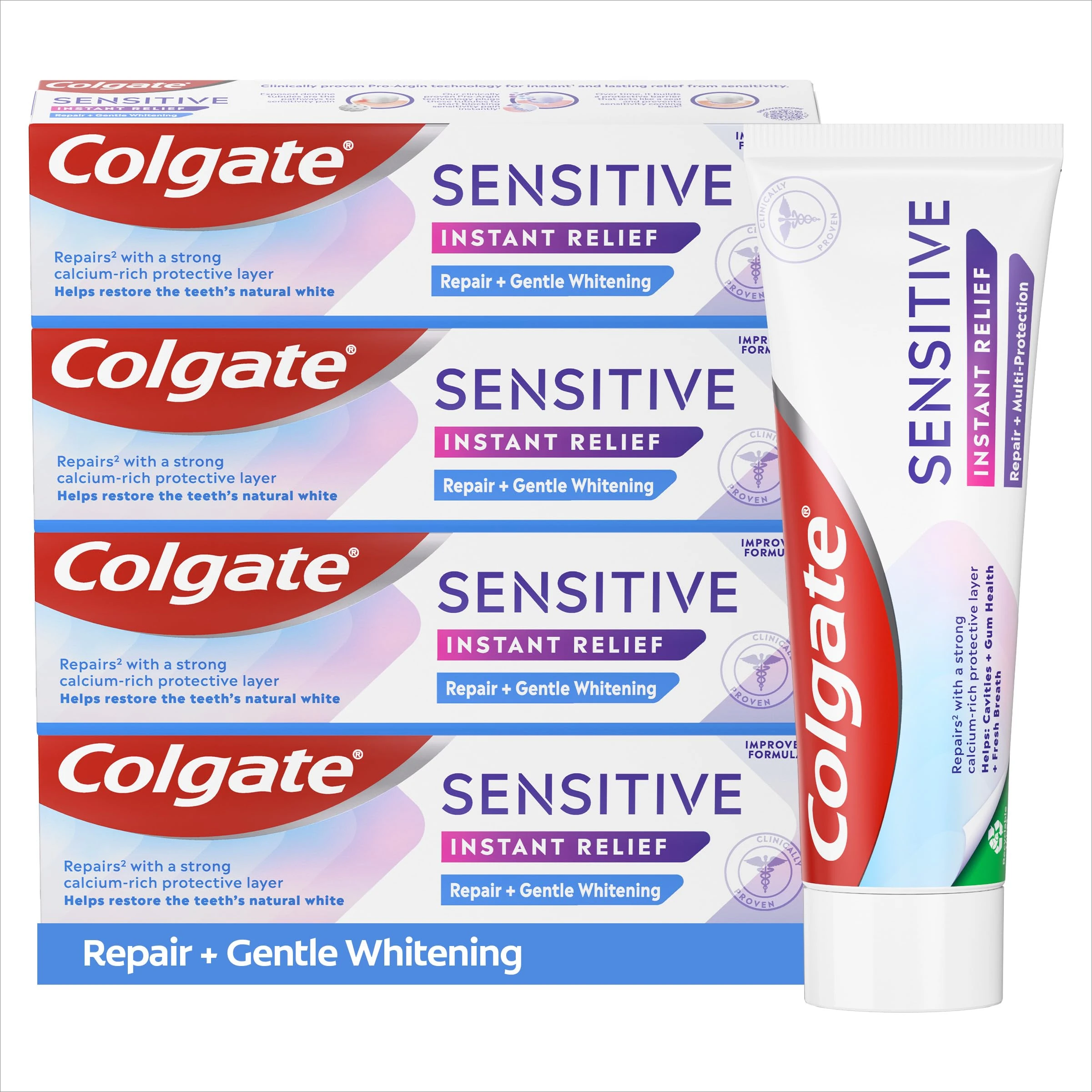 Colgate Sensitive Instant Relief Repair + Gentle Whitening Toothpaste | Instant* and Long-Lasting** Sensitivity Relief | Protective Layer with Calcium** | Fluoride Toothpaste | 4 Pack, 75ml Tubes