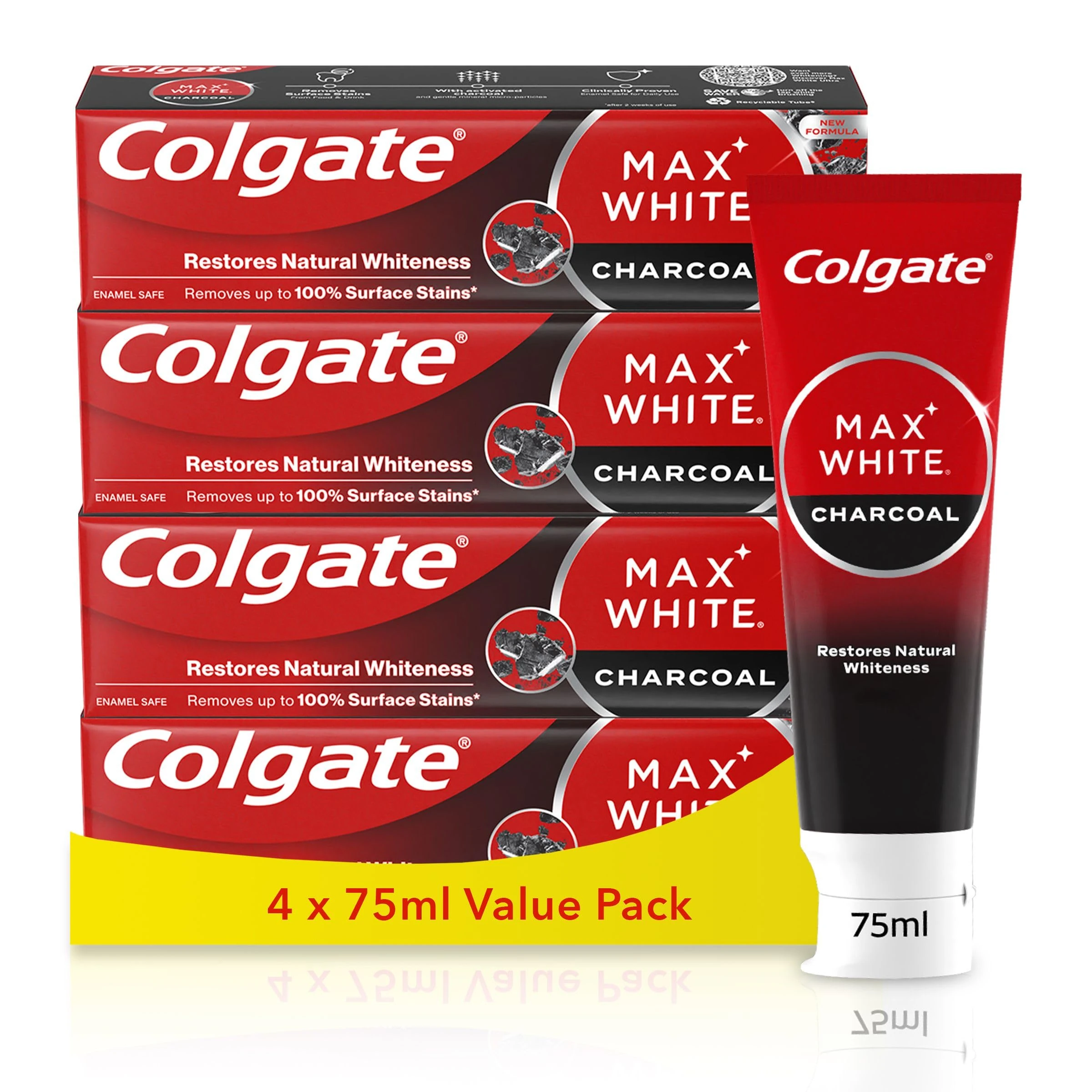 Colgate Max White Charcoal Toothpaste, Activated Charcoal, Clinically Proven to Remove up to 100 Percent Surface Stains*, Multipack, 4 Pack, 75ml Tubes