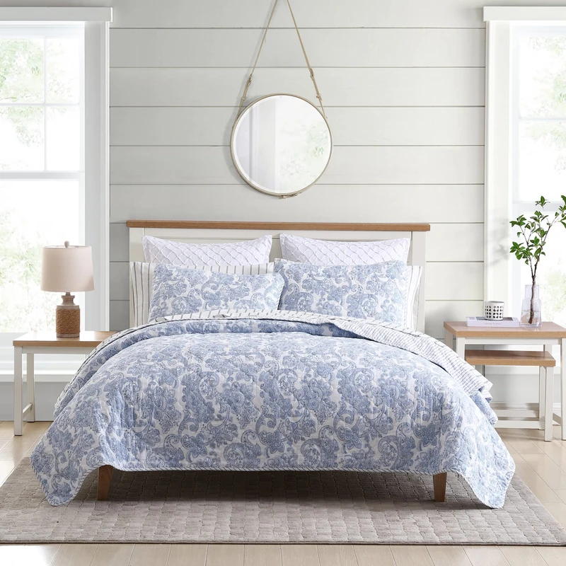 Stone Cottage Cotton Reversible Bedding Set, All Season Cottage Home Décor, Field of Paisley Blue, King