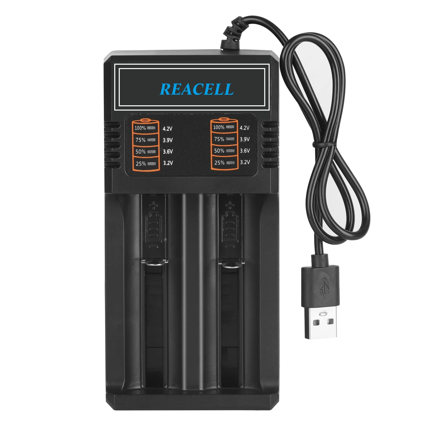 REACELL 18650 Battery Charger, Universal Fast Dual Charge Battery Charger for 3.7V/3.6V Li-ion Rechargeable Batteries 18650 18500 18490 18350 17670 17500 16340(RCR123) 14500 26650 22650 with USB Cable