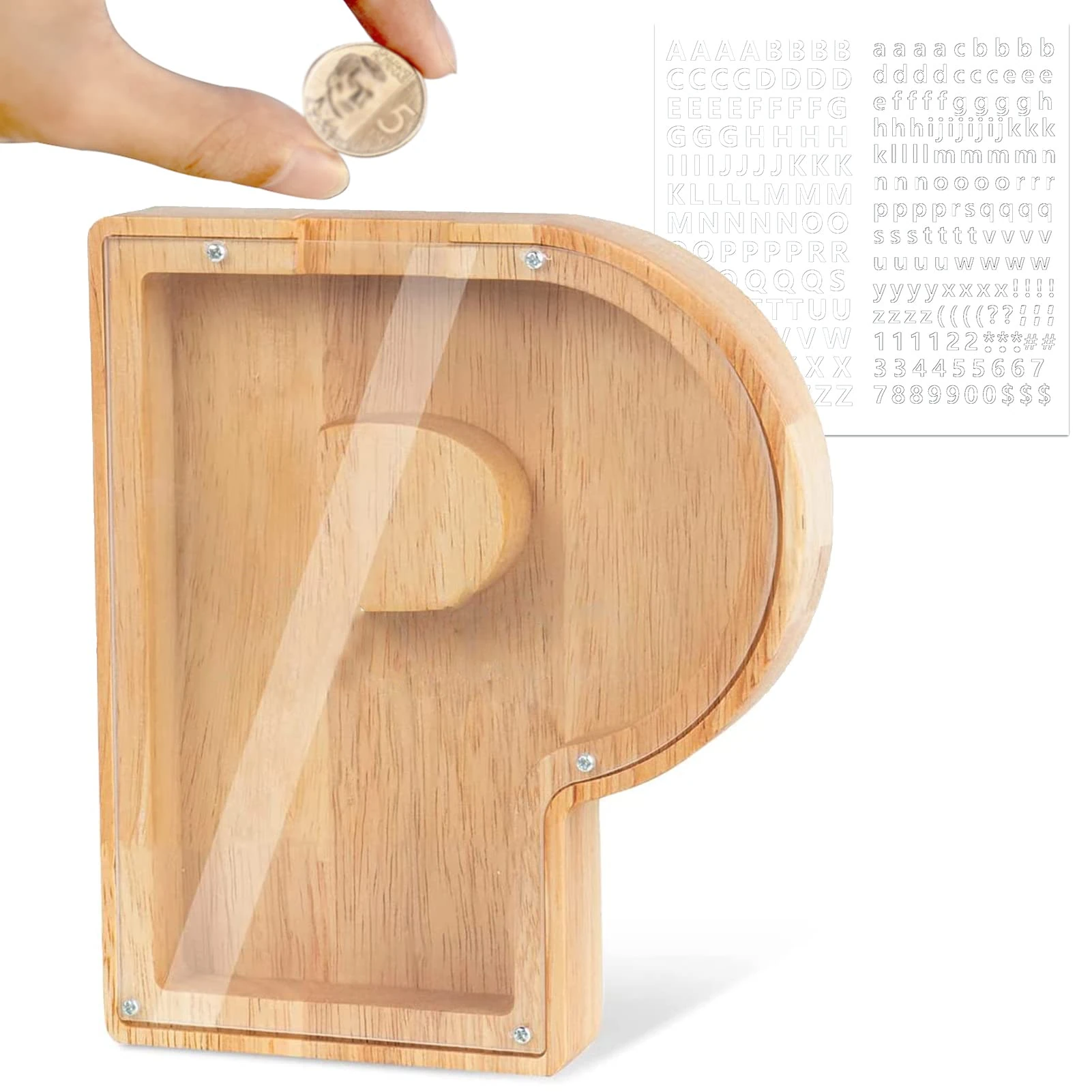 Mikytoper Wooden Letter Money Box for Kids Personalised Piggy Bank Letter A-Z Transparent Money Bank Saving Coins Cash Change Creative Gift for Children Boys Girls Decorative Money Box (P)