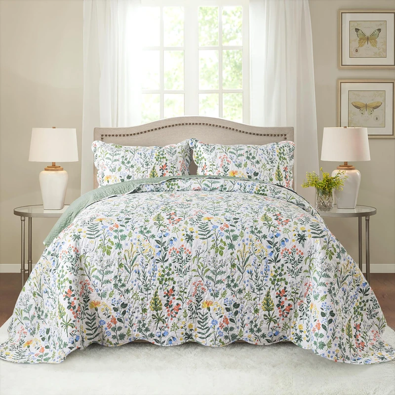HoneiLife Queen Quilt Bedding Set - 3 Pieces Microfiber Quilt Sets Lightweight Bedspreads Reversible Coverlets Retro Bed Cover Floral Bedding Set Wildflower Quilts All Season Use