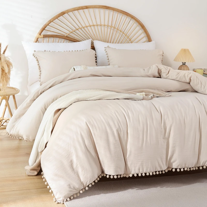 YIRDDEO King Size Comforter Set - King Size Comforter with Ball Pom Fringe, Soft King Bedding Set for All Seasons - 3 Pieces, 1 Comforter (104"x90"inches) & 2 Pillow Shams(20"x36"), Beige