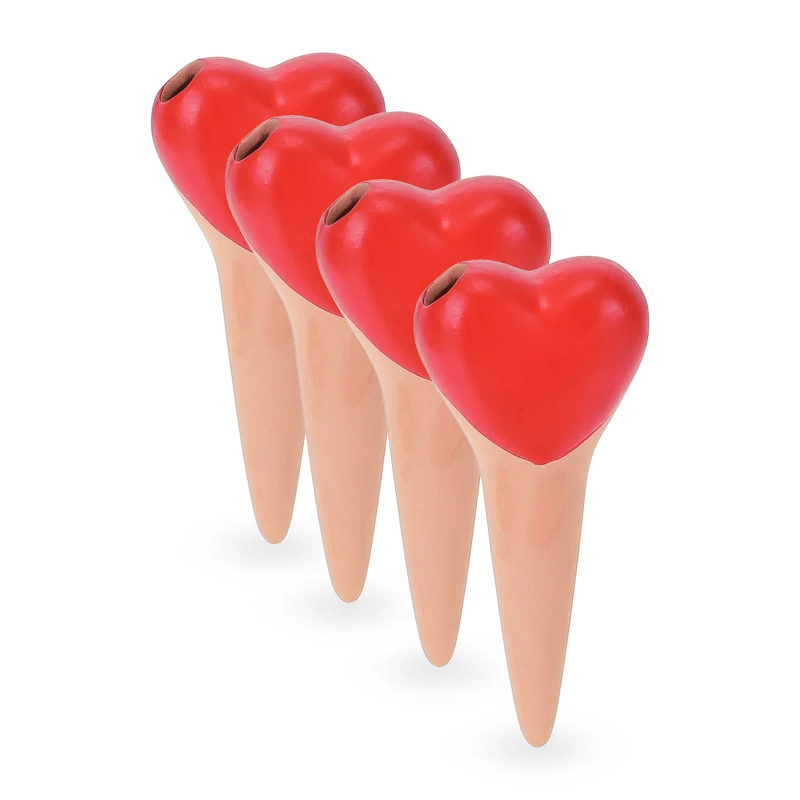 Relaxdays Clay Watering Spikes, Set of 4, Each 70 ml, Heart Design, for House Plants & Outdoor Pots, Terracotta/Red, 100% ceramic