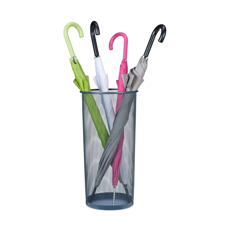 Relaxdays Umbrella Stand, Round, Mesh Design, H x D: 50 x 26 cm, Metal, Grey, Steel