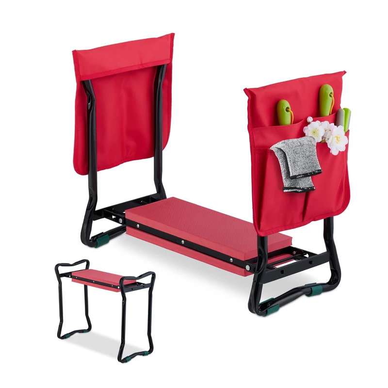 Relaxdays Garden Kneeler, with Pouch for Tools, Padded, for Gardening & Weeding, up to 150 kg, Folding Mat, Black/Red - Image 1