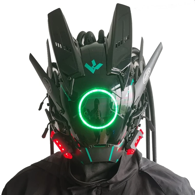KYEDAY Punk Mask Cosplay for Men, Futuristic Punk Techwear, Round Light with Braids Mask Cosplay Halloween Fit Party Music Festival Accessories… (Green)