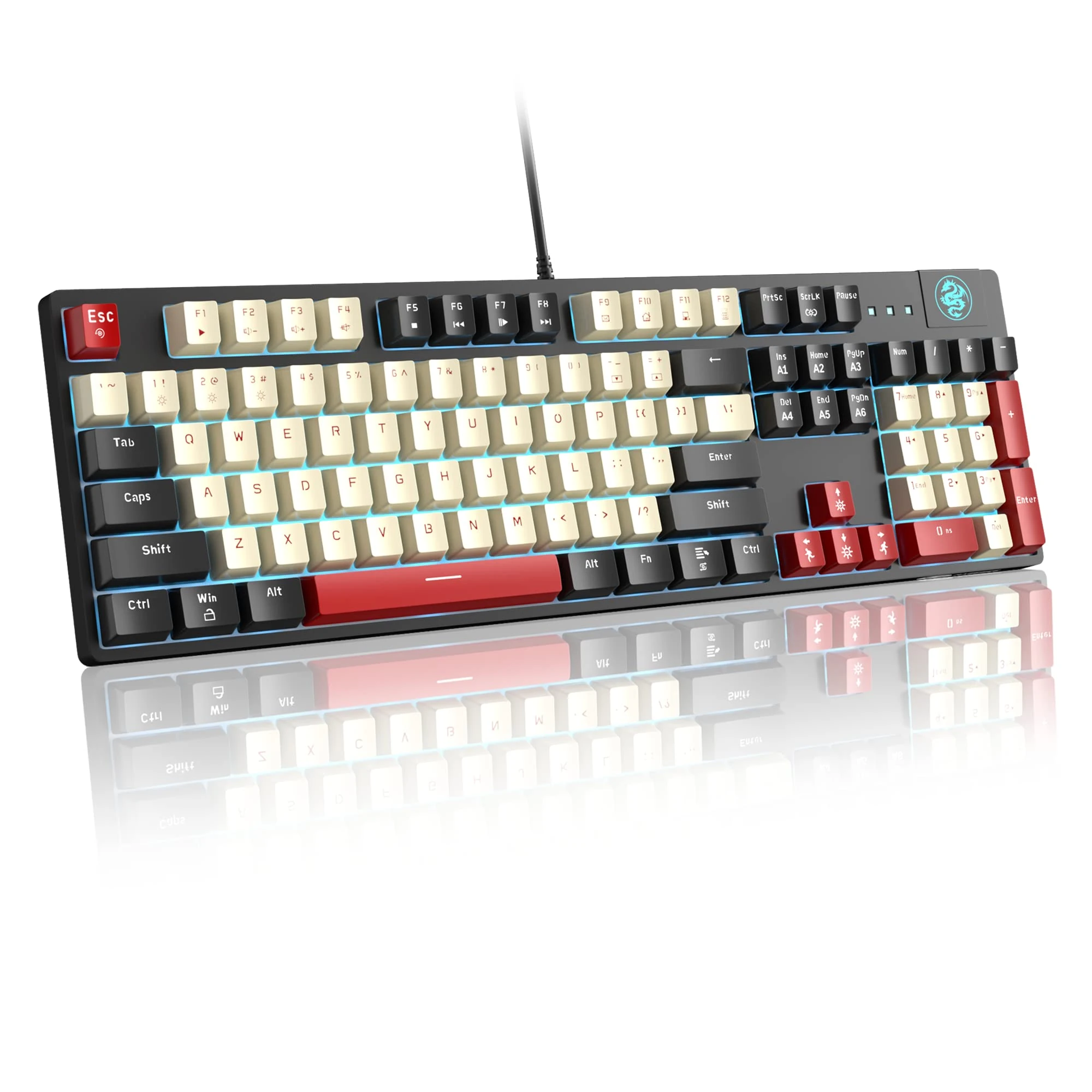 MageGee Mechanical Gaming Keyboard MK-Armor LED Rainbow Backlit and Wired USB 104 Keys Keyboard with Red Switches, for Windows PC Laptop Game(Black&White)