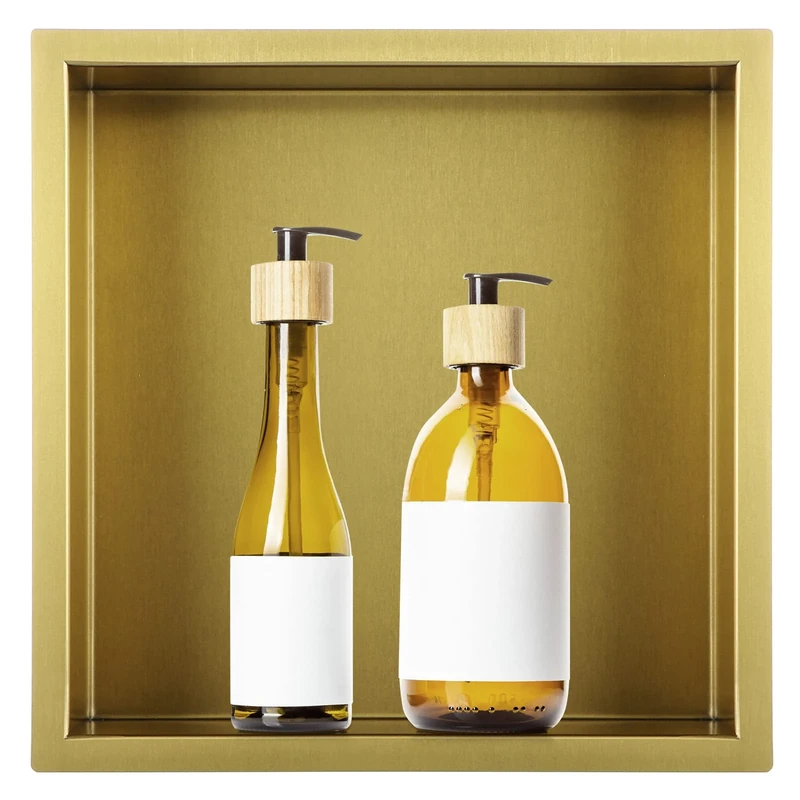 Sanbege 12"×12" Shower Niche Brushed Stainless Steel, Recessed Shower Caddy, Bathroom Shelf Insert Fits for 11"x11" Wall Hole Installation (Gold)