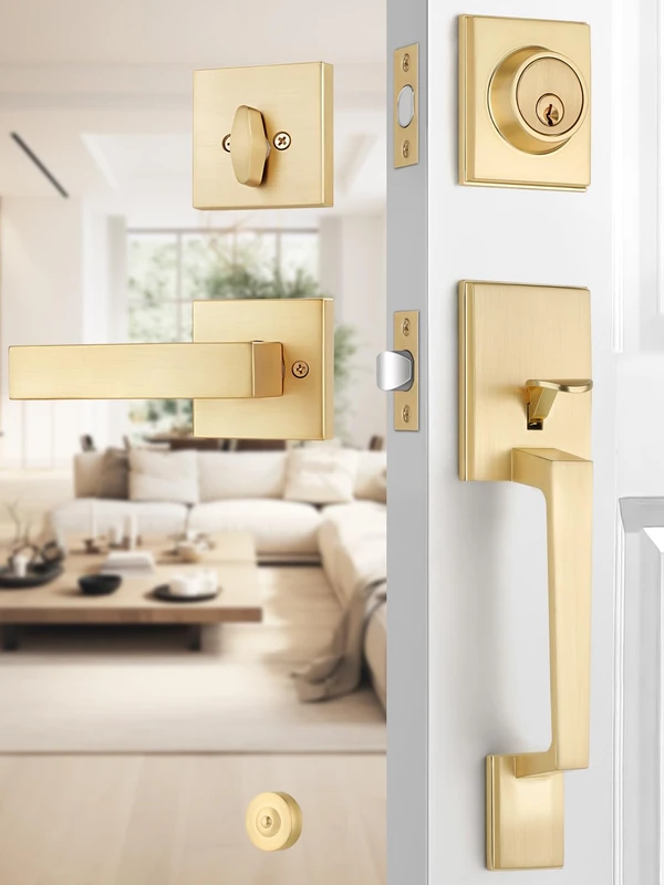EHOMEWARE 2 Sets Entry Door Handle and Single Cylinder Deadbolt Lock and Key Combo Pack - Heavy Duty Square Locking Lever Set - Interior/Exterior Door Levers in Satin Brass Finish