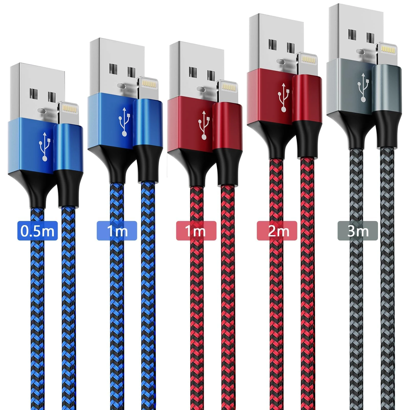 MAIMEITE iPhone Charger Cable, Lightning Cable MFi Certified 5 Pack 0.5m/1m/1m/2m/3m Fast Charging Braided Long USB for 14 13 12 11 Pro Max Xr X 8 7 6 Plus