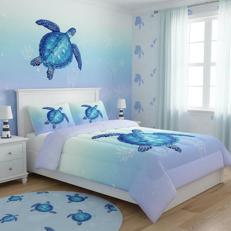 QOOMO Turtle Comforter Queen Size,Ocean Comforter Set for Kids Teens Girls Boys,3Pcs Bedding Set Printed Comforter with 2 Pillowcases,Down Alternative,Soft and Lightweight(Blue，Queen Size)