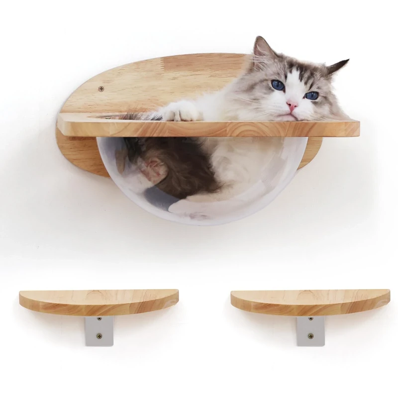 FUKUMARU Cat Wall Furniture Set, Rubber Wood, Transparent Capsule Cat Wall Shelves with 2 PCS Pedals - Premium Kitty Bed for Sleeping, Playing, Climbing, and Lounging - Easily Holds Up to 16 Kg