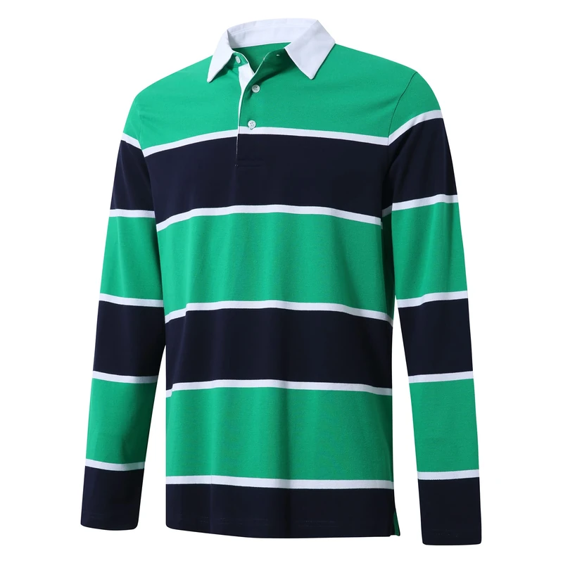 P POLAFLON Men's Golf Polo Shirts Long Sleeve Striped Dry Fit Athletic Casual Knit Polo Shirts for Men, Navy Green, XL - Image 1
