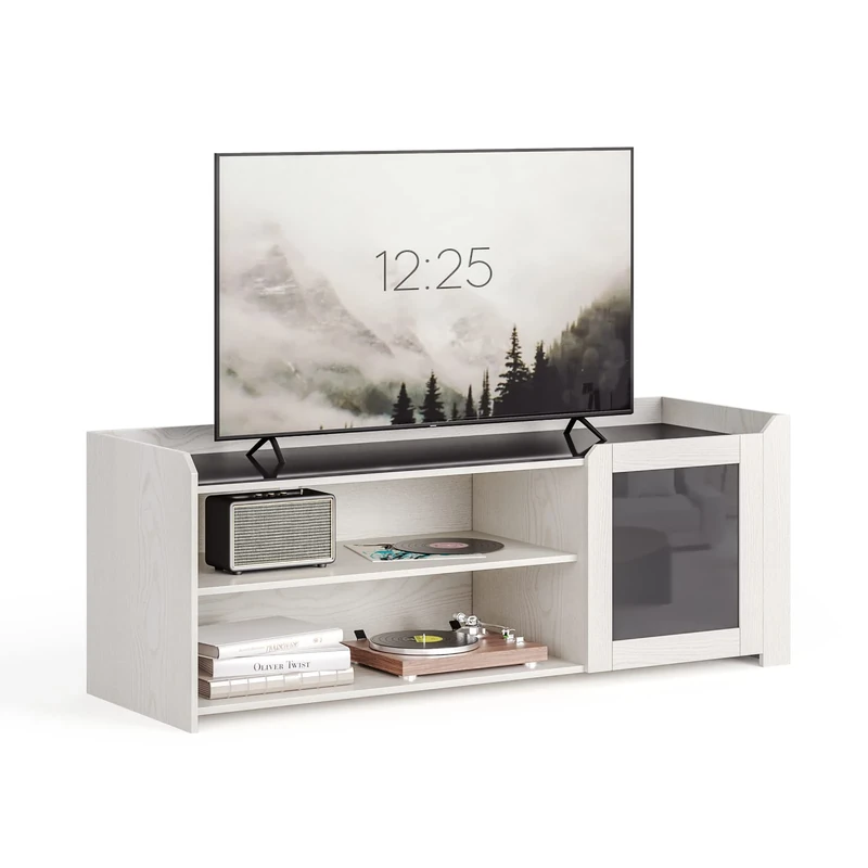 Meerveil TV Unit 120 cm, TV Stand Cabinet with 2 Open Compartments and 1 Door, up to 55 Inch for Living Room Bedroom, Light Oak