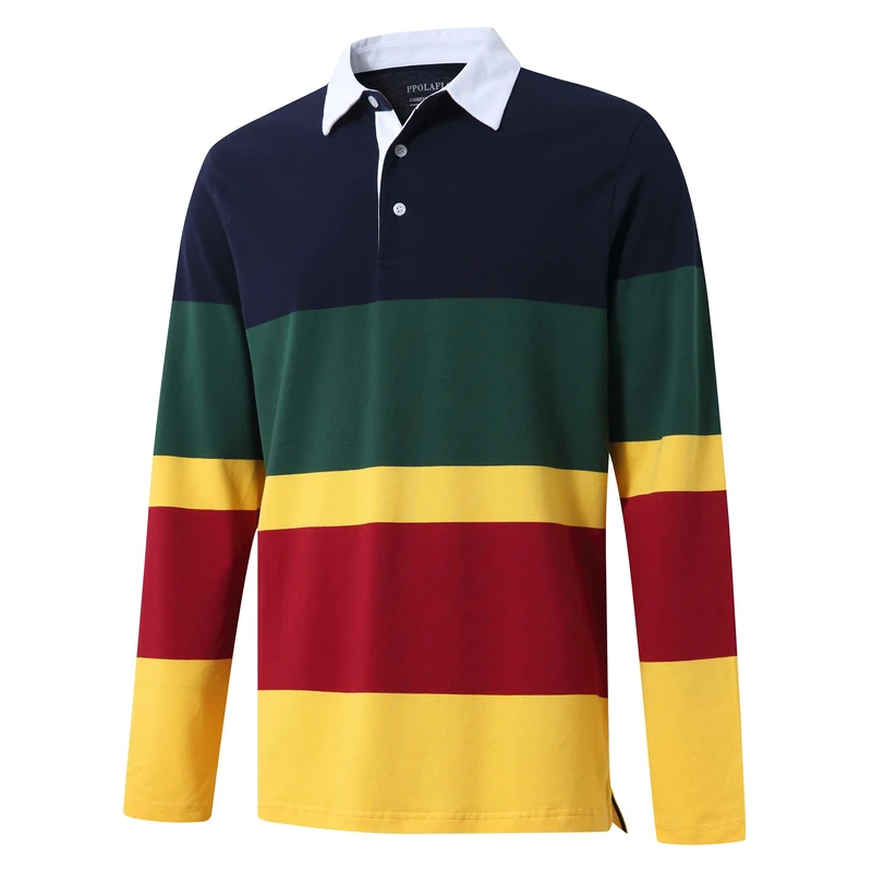 P POLAFLON Men's Golf Polo Shirts Long Sleeve Striped Dry Fit Athletic Casual Knit Polo Shirts for Men, Navy Yellow, Large