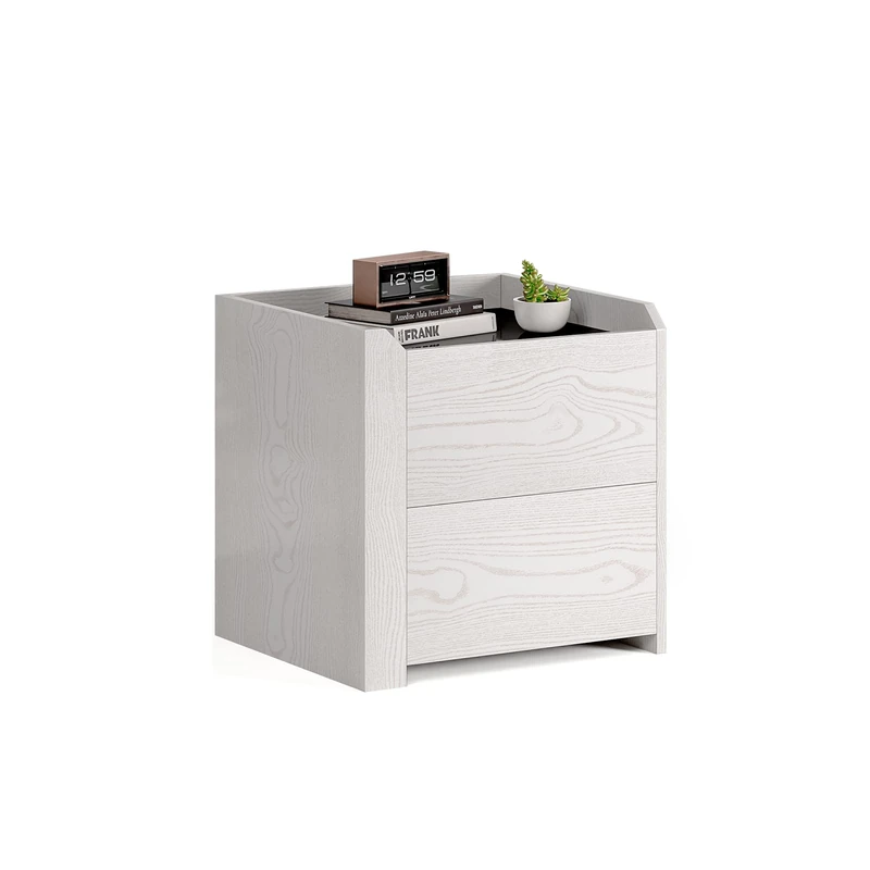Meerveil Bedside Table, Side Table with 2 Drawers Tempered Glass Modern Style for Living Room Bedroom, W45 x H45 x D40 cm, Cream White
