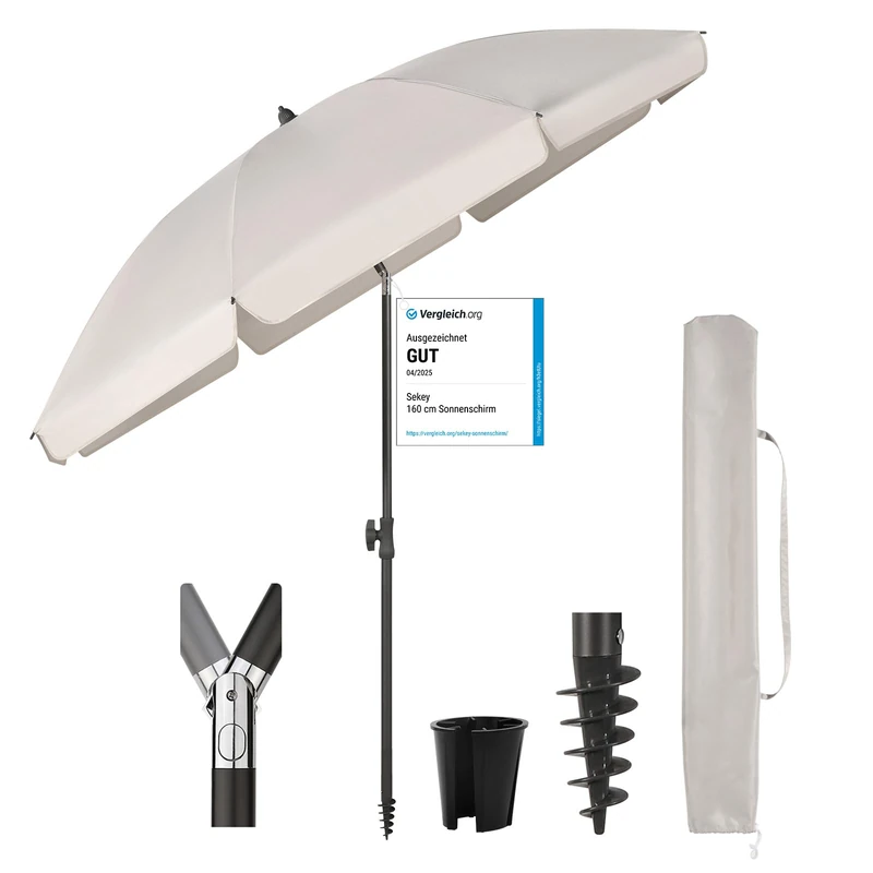 Sekey 180 cm Balcony Parasol with Ground Sleeve and Protective Cover, Tilt and Height Adjustment, Beach Umbrella for Balcony, Garden & Patio, Round Sun Protection UPF 50+