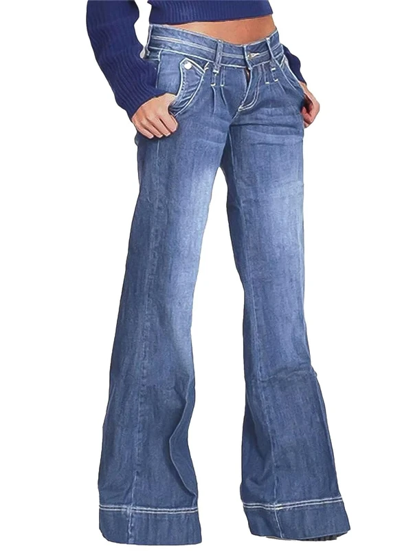 Flamingals Low Rise Straight Leg Wide Leg Baggy Jeans Women Stretch Boyfriend Butterfly Flare Denim Pants, Mid Blue, S - Image 1