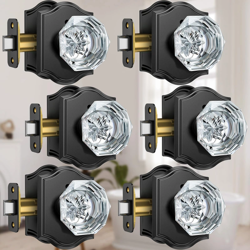 Calzibeno Glass Door Knobs, 6 Pack Crystal Door Knobs Interior with Lock for Privacy Use, Black Glass Door Knobs for Interior Bedroom Bathroom, Vintage Glass Crystal Door Knob Set