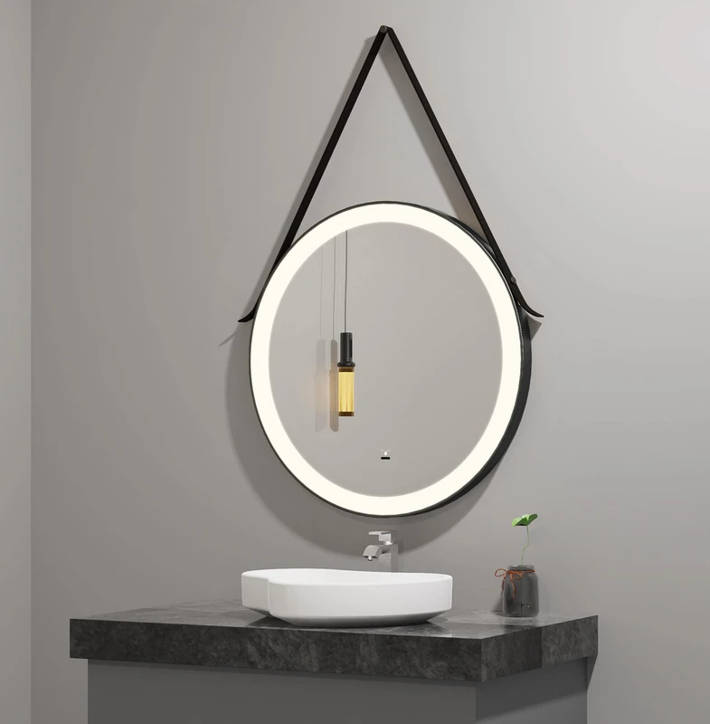 axentia LED Bathroom Mirror Round Mirror with Hanging Strap Diameter Approx. 60 cm Black