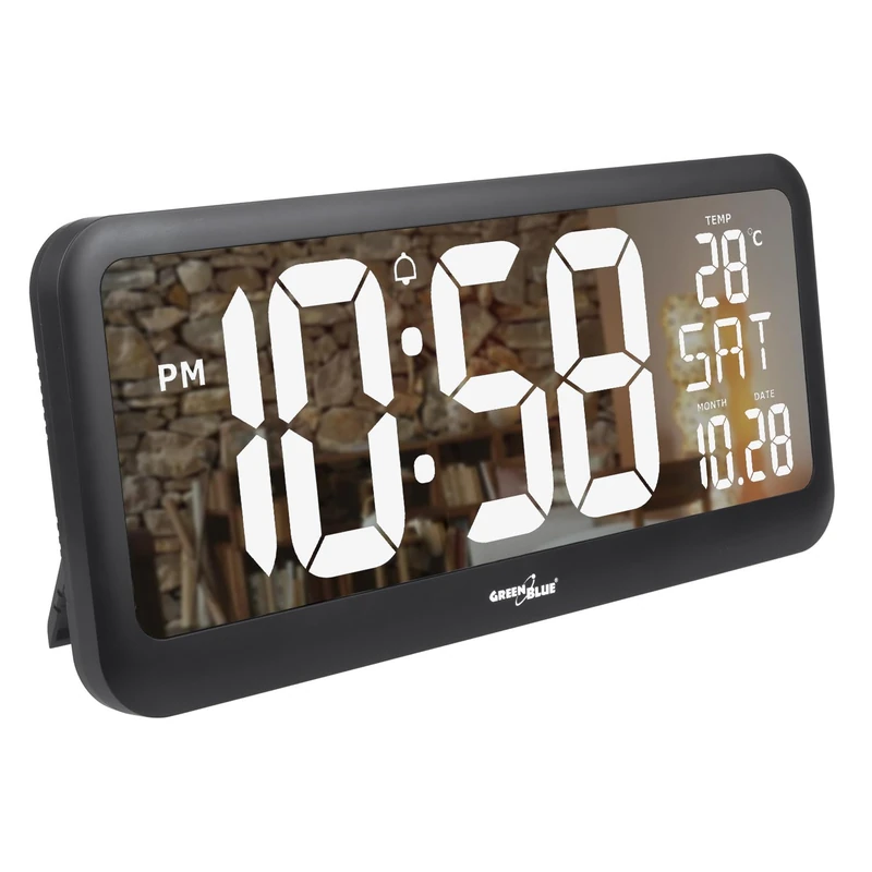 Green Blue GB214 Digital clock with temperature sensor 37x17cm Large wall clock alarm LCD display For placing on a table or hanging on the wall Power supply via power adapter or batteries