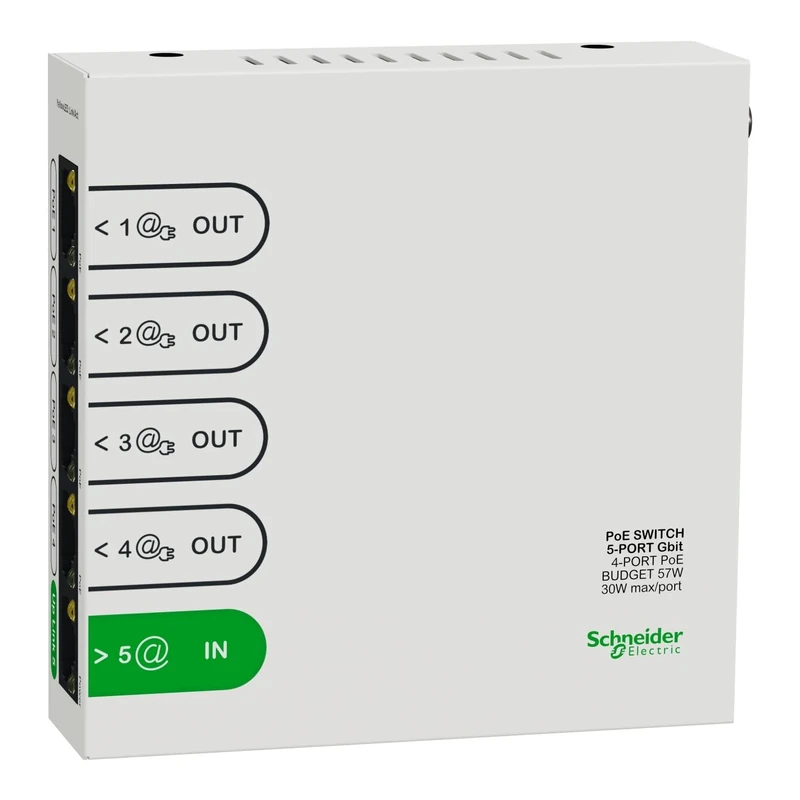 Schneider Electric - Resi9 5-Port Ethernet Switch, 4-Port 1GBIT POE 30W MAX, Total Budget 57W - R9H5SWP57 - Image 1