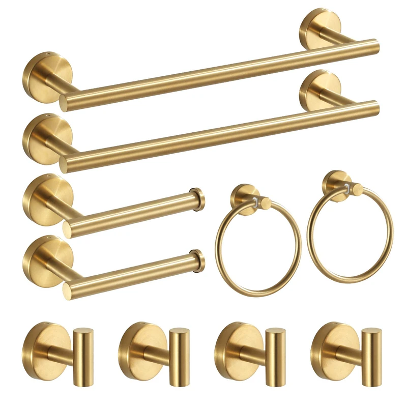 Hinmood Bathroom Hardware Set Gold Brushed, Gold Towel Bar Set 10PCS Stainless Steel 16'' Towel Bar Set Towel Holder for Bathroom