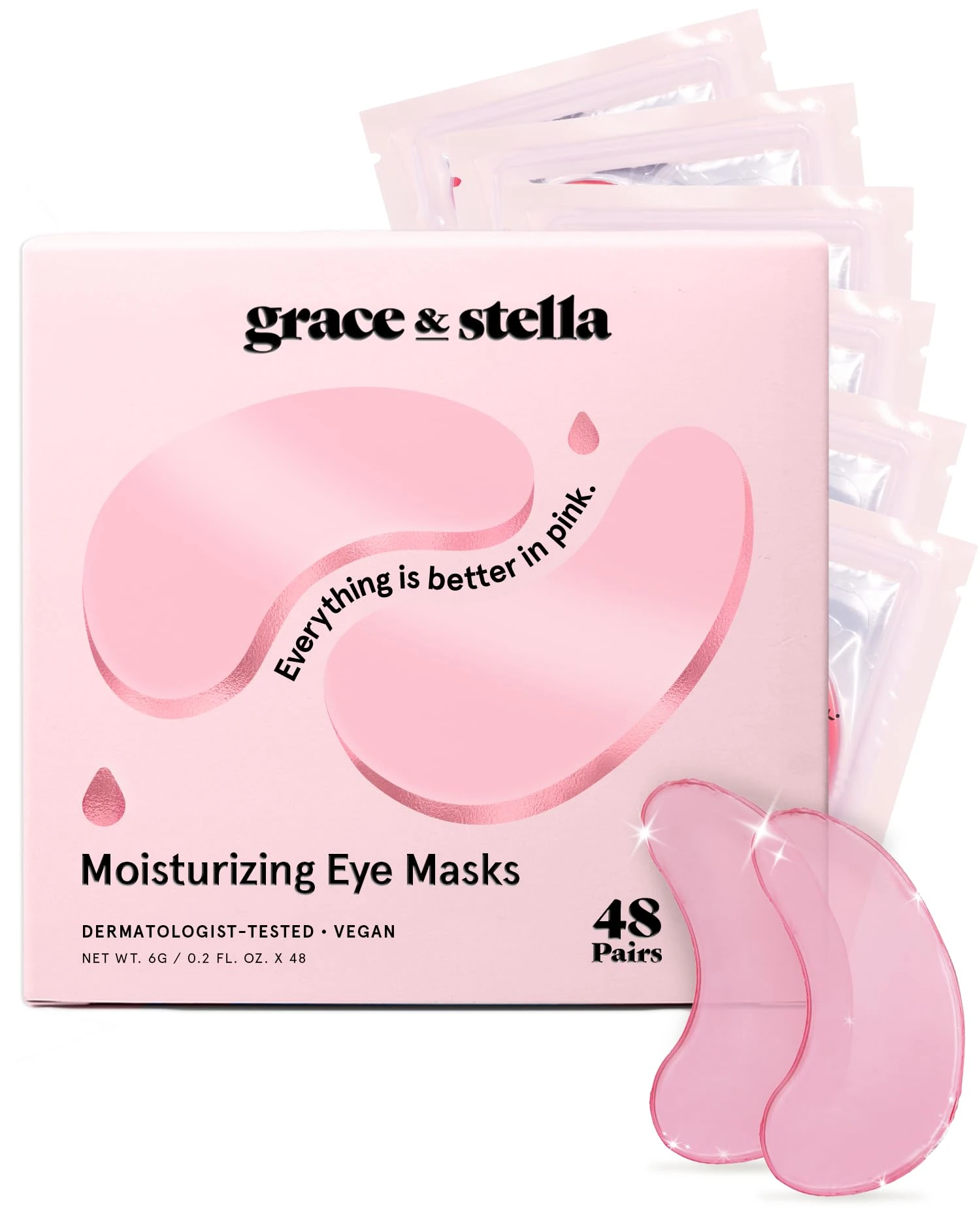 Award Winning Under Eye Mask - Reduce Dark Circles, Puffy Eyes, Undereye Bags, Wrinkles - Gel Under Eye Patches, Vegan Cruelty-Free Self Care by grace and stella (48 Pairs, Pink)