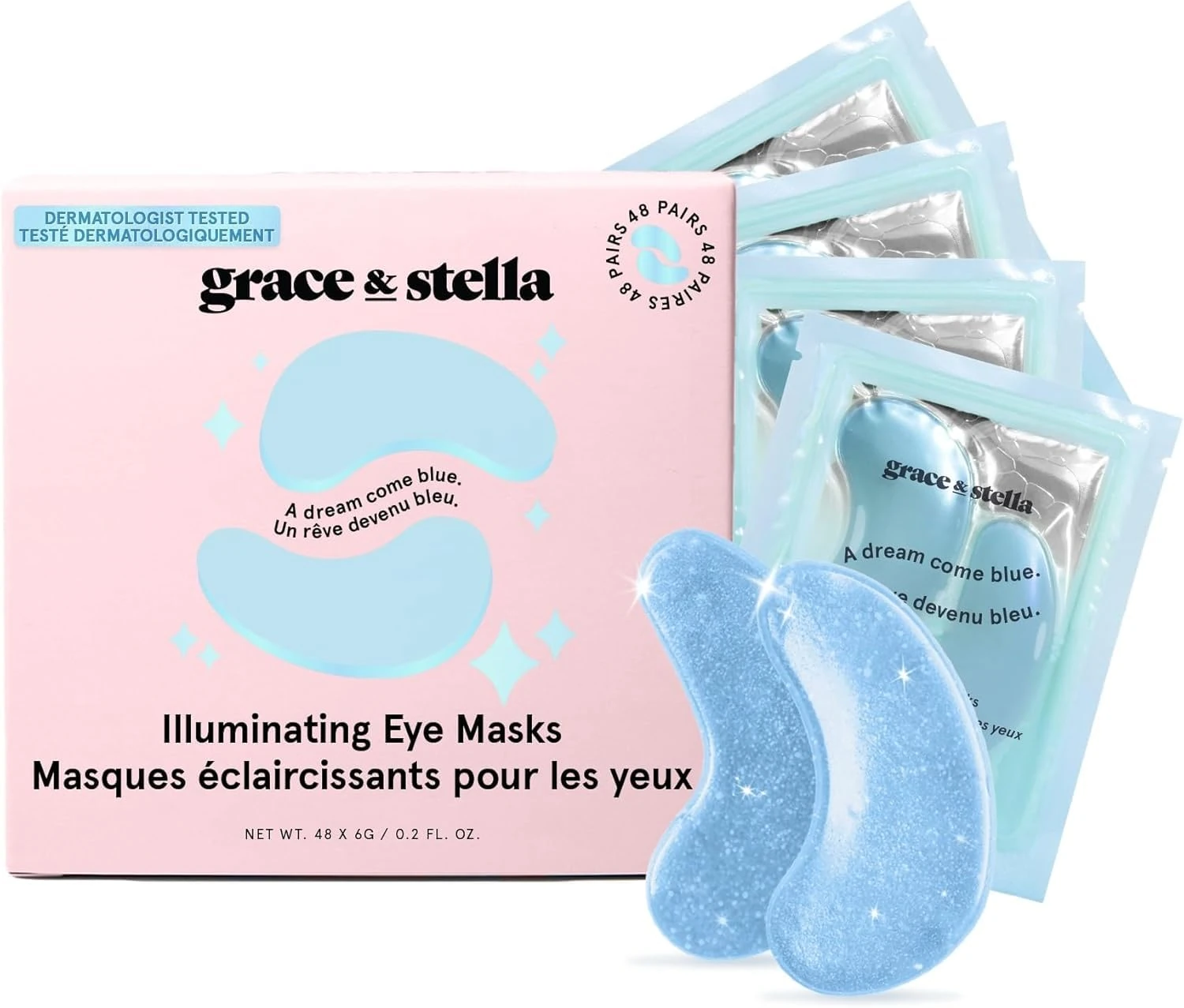 Award Winning Under Eye Mask - Reduce Dark Circles, Puffy Eyes, Undereye Bags, Wrinkles - Gel Under Eye Patches, Vegan Cruelty-Free Self Care by grace and stella (48 Pairs, Blue)