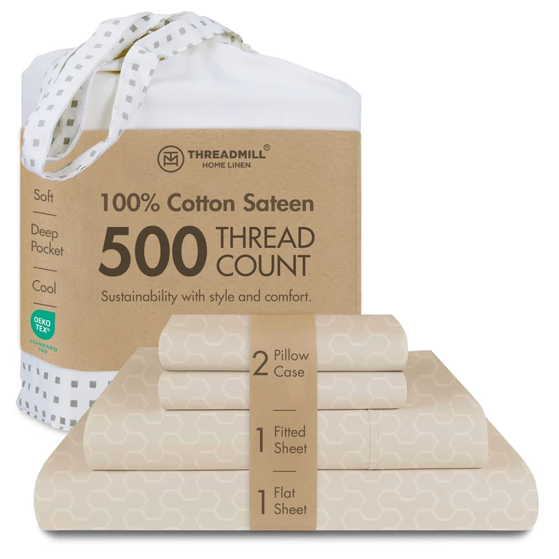 Threadmill 100% Cotton Sheets for King Size Bed | Damask Sateen All-Season 500Thread Count 4 Pc King Bed Sheets Set | Soft, Breathable Hotel Quality | Snug Fit Elastic Deep Pocket King Sheets | Beige