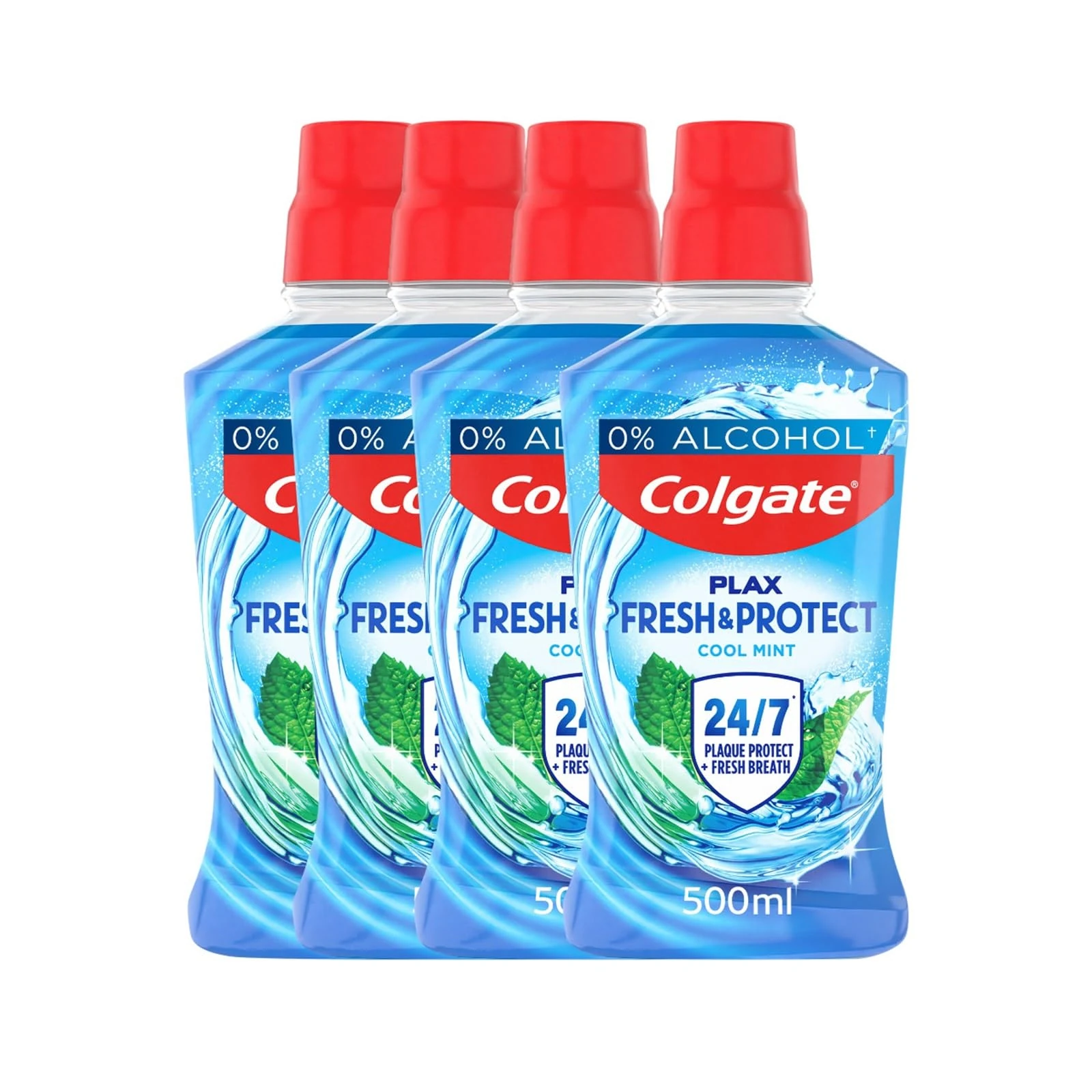 Colgate Plax Mouthwash, Cool Mint Mouthwash with 24/7* Plaque Protection, Alcohol Free Mouthwash** with Fluoride, Vegan Mouthwash, Multipack, 4 Pack, 500ml Bottles