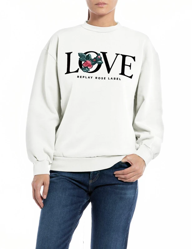 REPLAY women's cotton sweatshirt Rose Label Collection, Natural White 011 (White), M