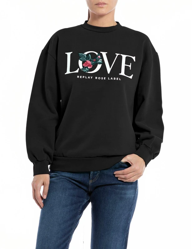 REPLAY women's cotton sweatshirt Rose Label Collection, Black 098 (Black), XS