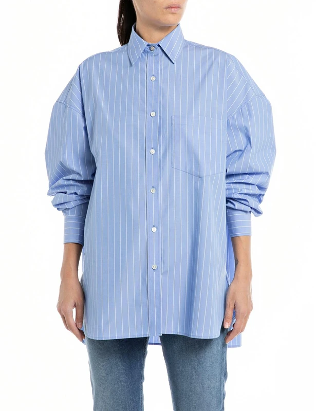 REPLAY Women's Long Sleeve Striped Shirt, Azure/White 010 (Multicolored), XL