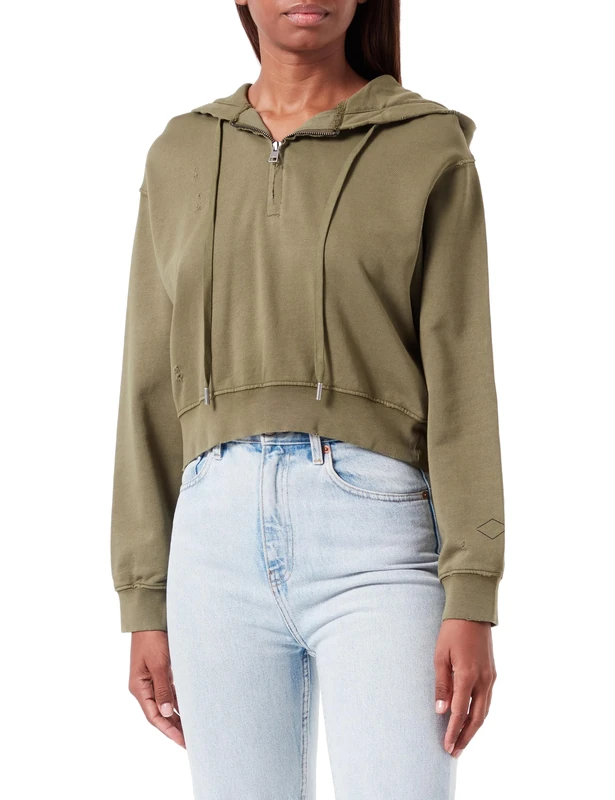 REPLAY Adult W3103 Garment Dyed Cotton Fleece Hooded Sweatshirt, Dark Olive 234, XXS
