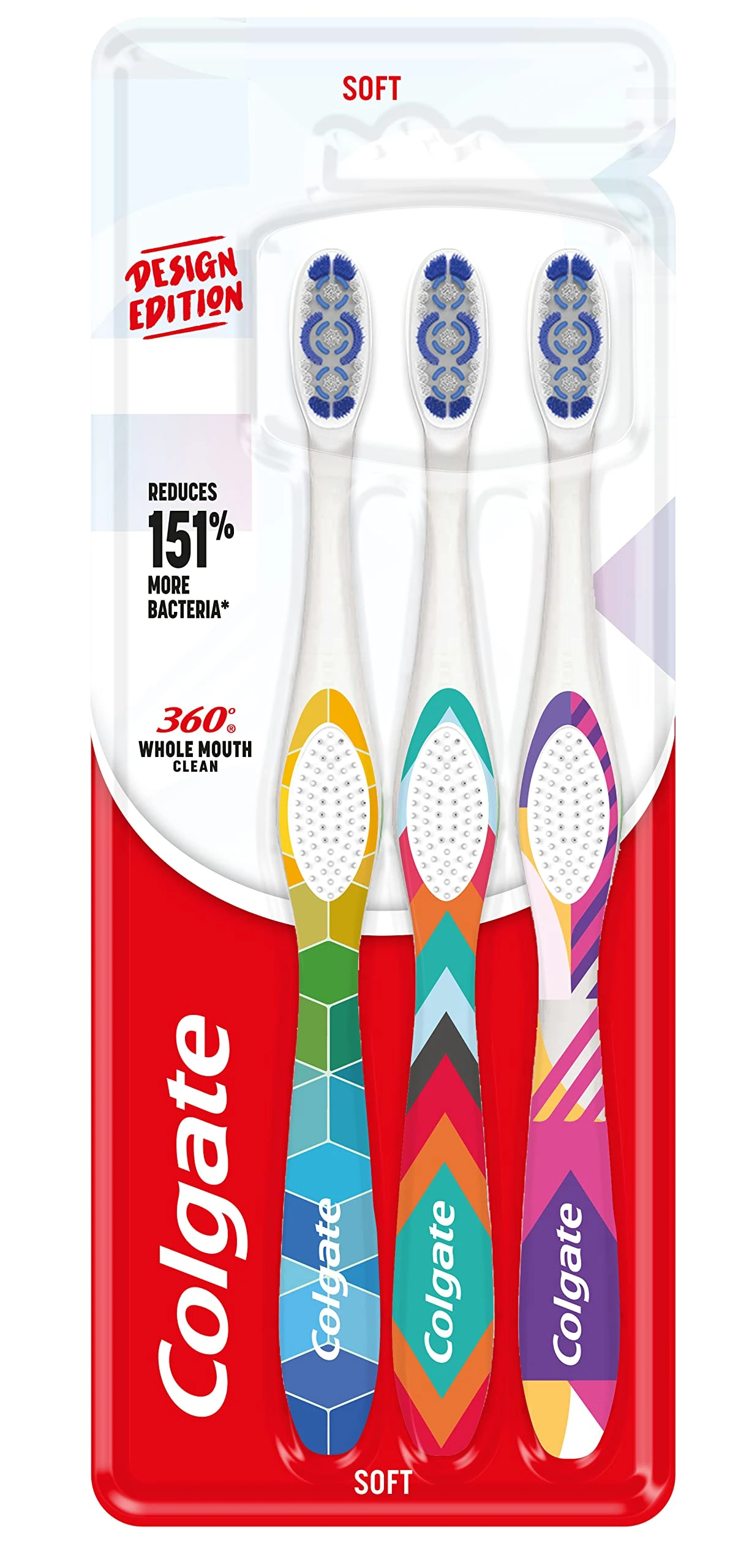Colgate 360 Whole Mouth Clean Design Edition Toothbrush | Soft Bristle Toothbrush | Slim tip interdental bristles | polishing Cups Help to Remove Stains | Cheek and Tongue Cleaner | Designer Handles