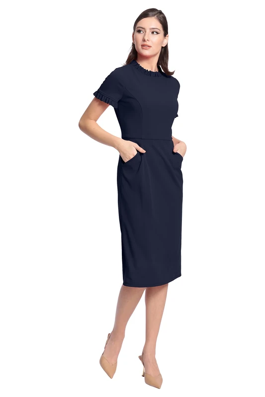 Maggy London Women's Ruffle Collar Slant Pocket Sheath Dress, Twilight Navy, 20