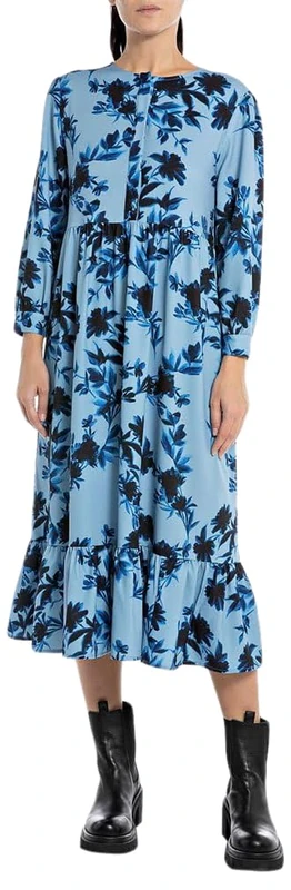 REPLAY Adult W9063 All Over Printed Poly Crepe Dress, Avio/Blue 010, XS