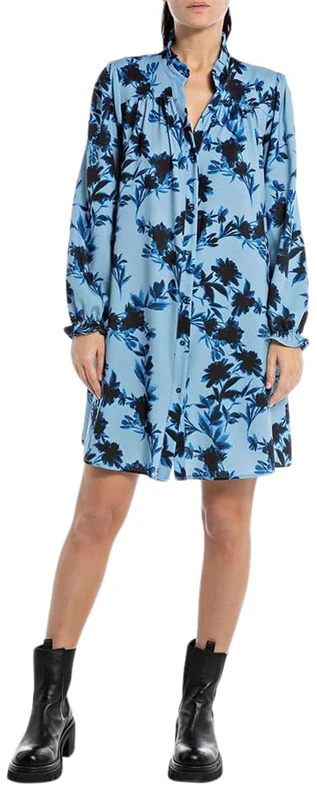 REPLAY Adult W9064 All Over Printed Poly Satin Dress, Avio/Blue 010, XXS