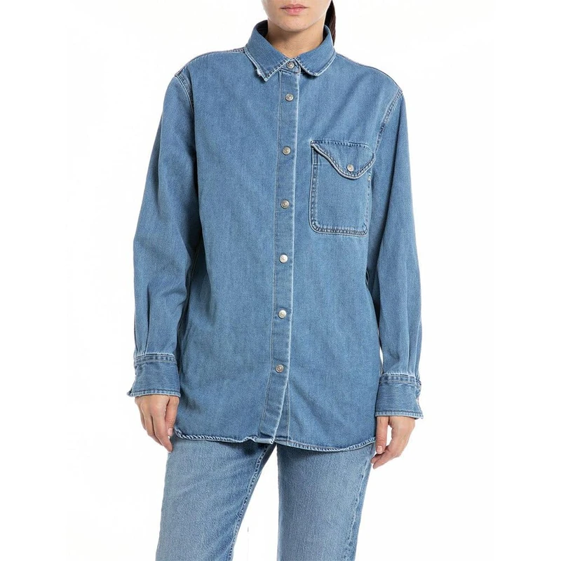 REPLAY Adult W2357 Cotton Tencel Shirt, Medium Blue 009, L