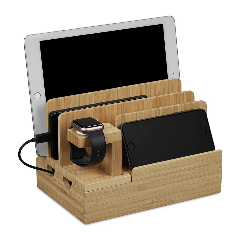 Relaxdays Charging Station, Tablet & Smartphone, iPhone, Apple Watch, H x W x D: 15 x 21.5 x 15, Bamboo, Natural - Image 1