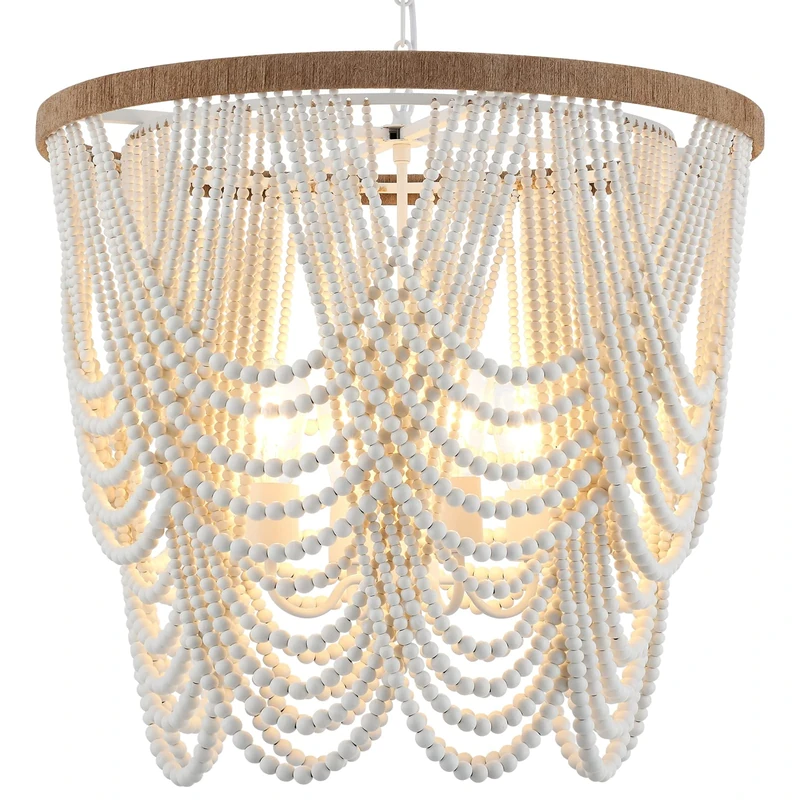 ELYCCUPA 26” Boho Wood Beaded Chandelier Rustic Farmhouse Pendant Light 4-Lights Large Coastal Chandelier for Living Room Dining Room Foyer Entryway Bedroom, Oak White, E26, UL Listed